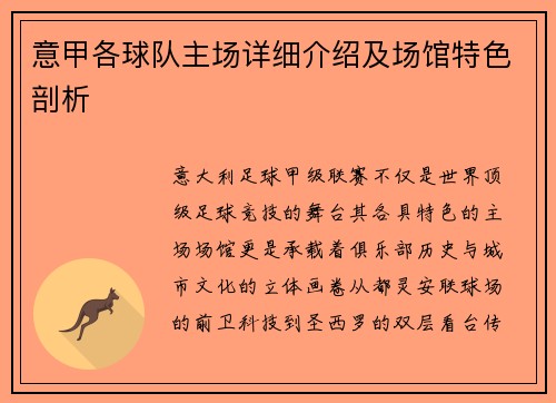 意甲各球队主场详细介绍及场馆特色剖析